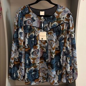 Zac & Rachel Navy and Brown Floral Button-Up Blouse